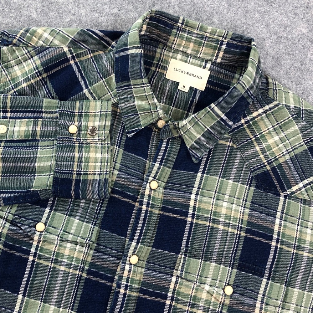 Lucky Brand Mens Green Navy Blue Plaid Western Snap Front Shirt Medium NWT